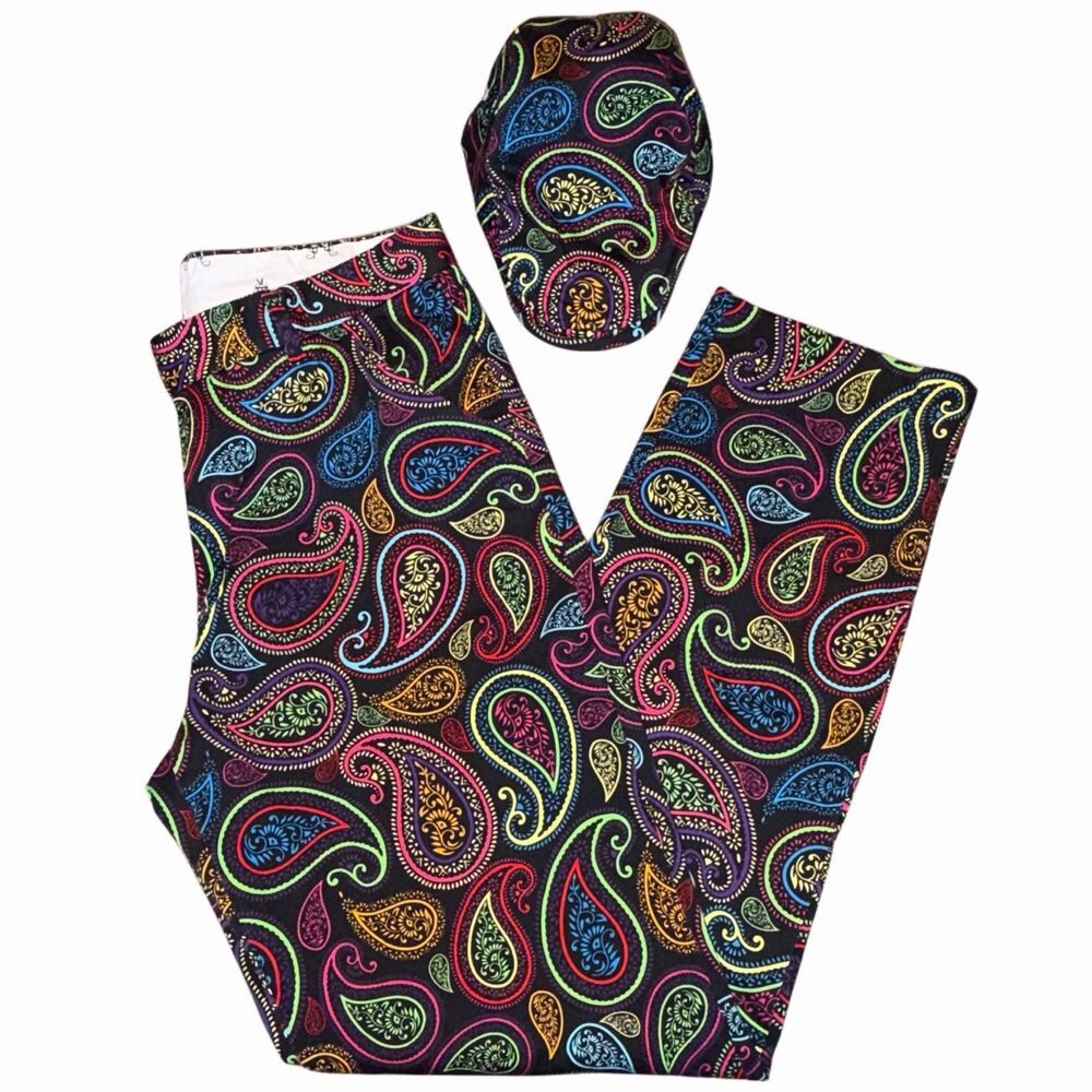 Royal and Awesome Mens Golf Pants & Hat Set Black Neon Paisley Print Size 34X32*